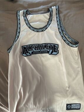 Alphalete White Mesh Tank with Black & Light Blue Logo